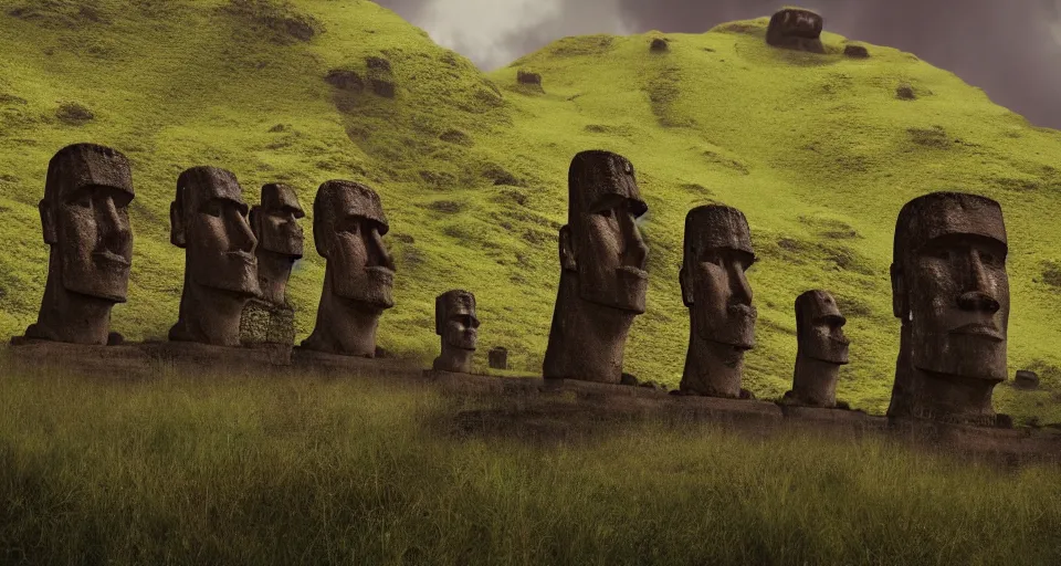 Image similar to Ancient easter island ruins, moai heads, center composition, cinematic, rendered by simon stålenhag, rendered by Beeple, Makoto Shinkai, syd meade, environment concept, digital art, starwars, unreal engine, 3 point perspective, WLOP, trending on artstation, low level, 4K UHD image, octane render,