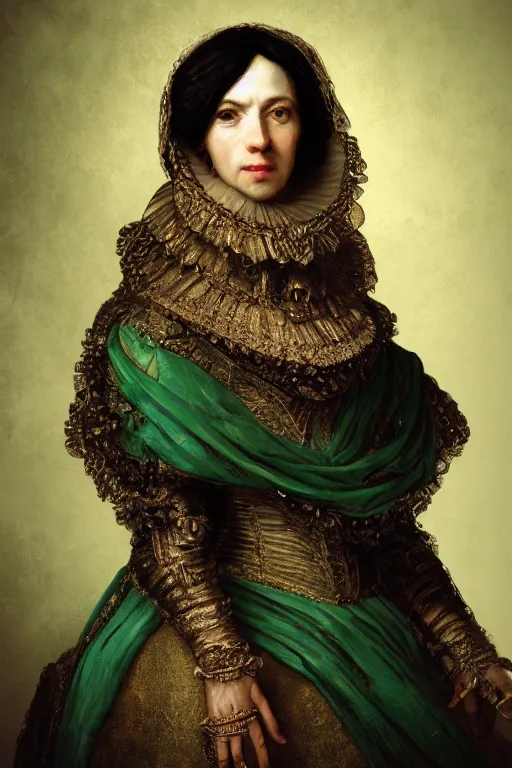 Prompt: portrait, headshot, digital painting, of a 17th century, beautiful, middle aged, middle eastern, wrinkles, decadent, cyborg noble woman, dark hair, amber jewels, baroque, ornate dark green opulent clothing, scifi, futuristic, realistic, hyperdetailed, concept art, chiaroscuro, side lighting, art by rembrandt