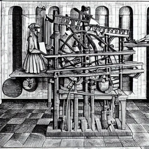 Prompt: rube goldberg music machine designed by escher drawn by da vinci, detailed pen and ink illustration