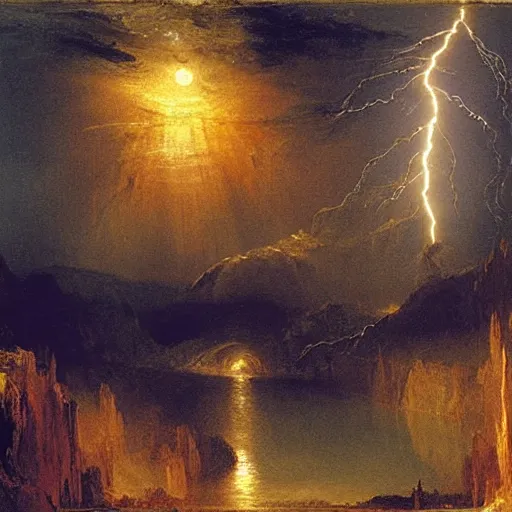 Image similar to river of lightning beneath a full moon, thomas cole, j.m.w. turner, howard hawks