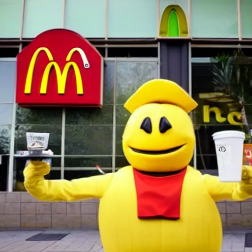 Prompt: anthropomorphic fruit lemon working at mcdonalds wearing mcdonalds uniform