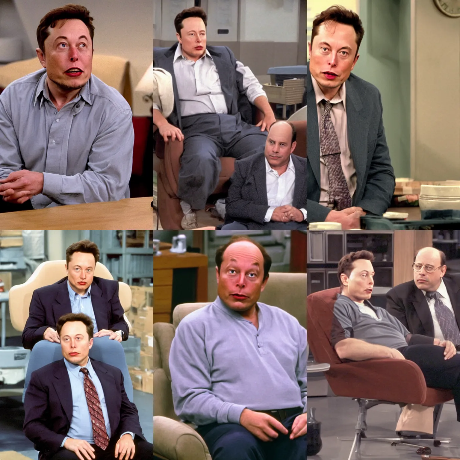 Prompt: still of Elon Musk as George Costanza on an episode of Seinfeld, 4k, high quality,