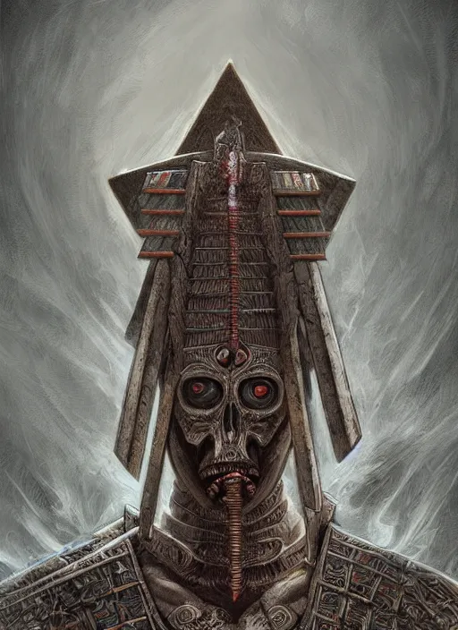 Image similar to digital _ painting _ of _ pyramid head mayan god of death _ by _ filipe _ pagliuso _ and _ justin _ gerard _ symmetric _ fantasy _ highly _ detailed _ realistic _ intricate _ port