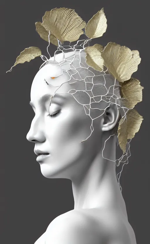 Prompt: complex 3d render of a beautiful porcelain profile woman face, vegetal dragon cyborg, 150 mm, beautiful natural soft light, rim light, silver gold details, magnolia leaves and stems, roots, fine lace, maze like, mandelbot fractal, anatomical, facial muscles, cable wires, microchip, elegant, highly detailed, white metallic armour, octane render, black and white, H.R. Giger style