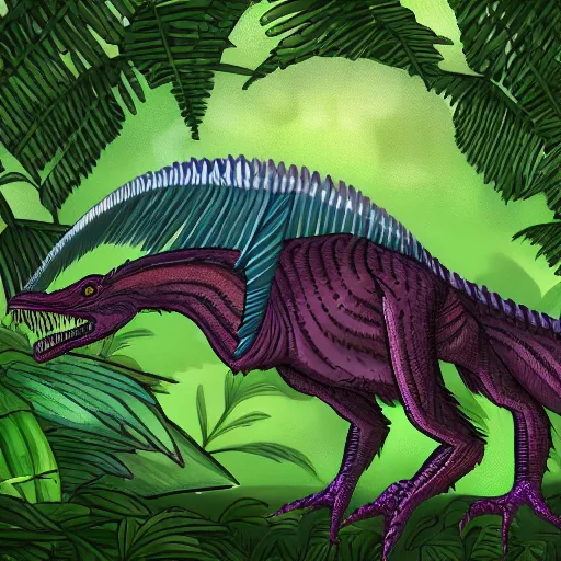 Prompt: Concept art of a scaly raptor-like alien creature, surrounded by a lush alien jungle with purple flora