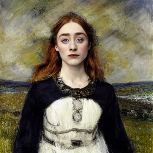 Image similar to Saoirse Ronan painted by John Everett Millais, real-life accurate, photoshoot