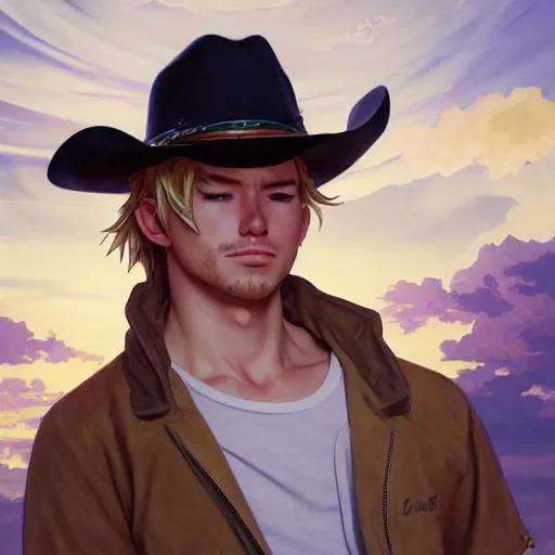 Image similar to highly detailed vfx portrait of a blond mid - section young man with cowboy hat by eiichiro oda, makoto shinkai, alphonse mucha, sharp focus, art by artgerm and greg rutkowski!, backlit, harsh overhead sunlight, detailed,