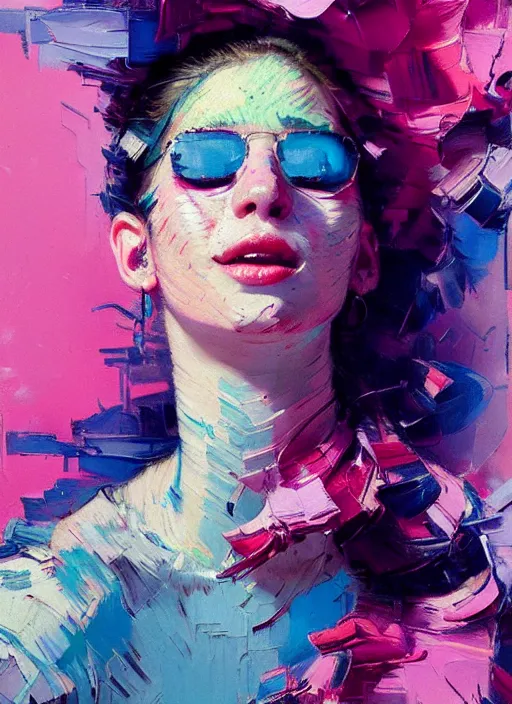 Image similar to portrait of a beautiful girl, smiling, ecstatic, dancing, eyes closed, open mouth, shades of pink and blue, beautiful face, rule of thirds, intricate outfit, spotlight, by greg rutkowski, by jeremy mann, by francoise nielly, by van gogh, digital painting