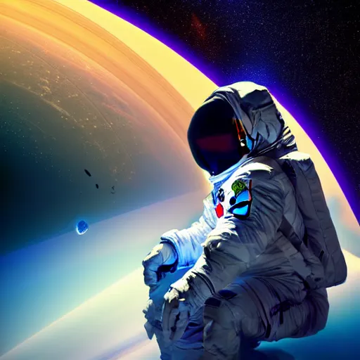 Image similar to astronaut floating in space, with reflection of saturn on it's helmet, HDR, natural light, galaxy, Ray tracing reflection, head level shot, dynamic pose, award winning photograph, Mucha style 4k,