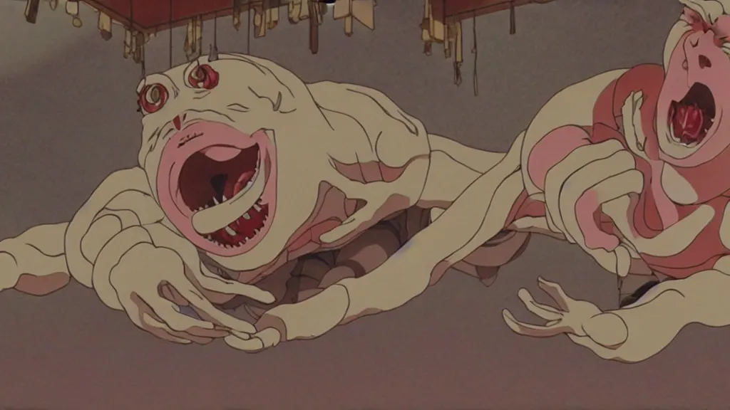 Image similar to a strange creature crawls on the ceiling of a Japanese temple, anime film still from the an anime directed by Katsuhiro Otomo with art direction by Salvador Dalí, wide lens