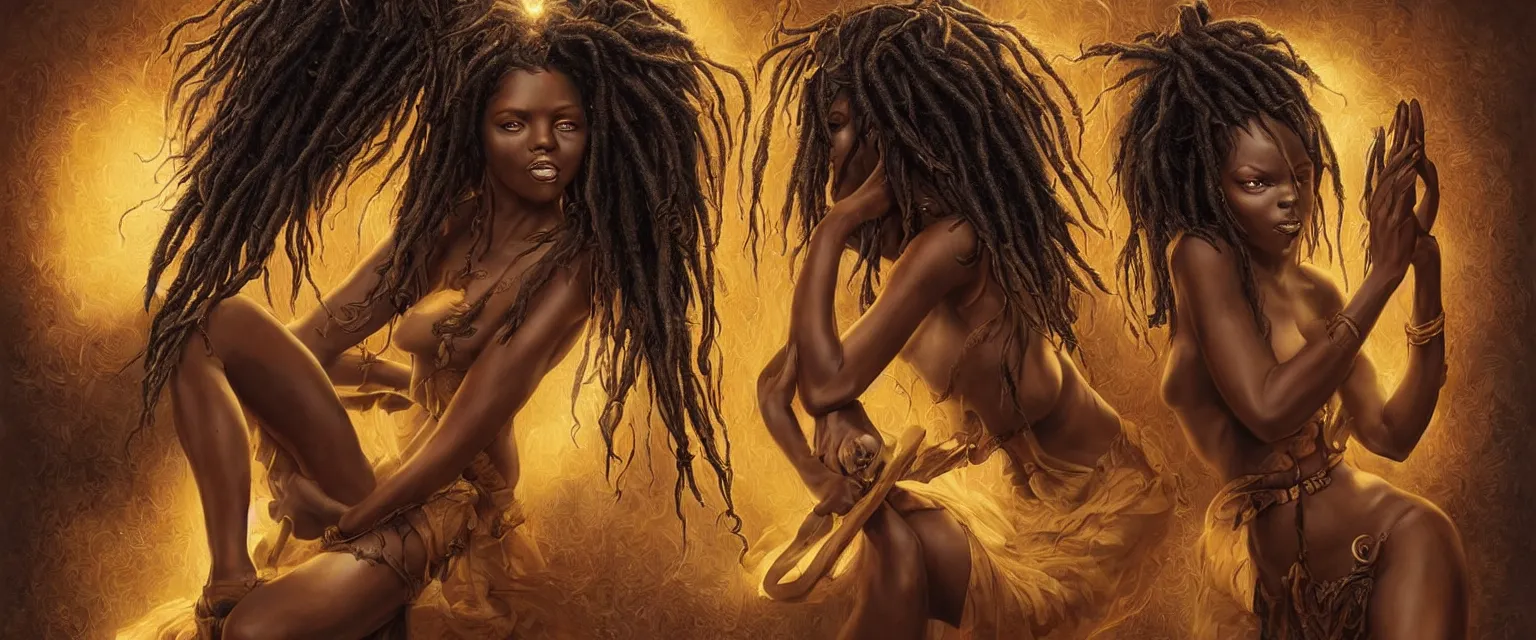 Prompt: a highly detailed symmetrical full body painting of a dark skinned beautiful black woman washing dreadlocks in dynamic lighting, ambient lighting, deviantart, art by artgerm and karol bak and mark brooks h