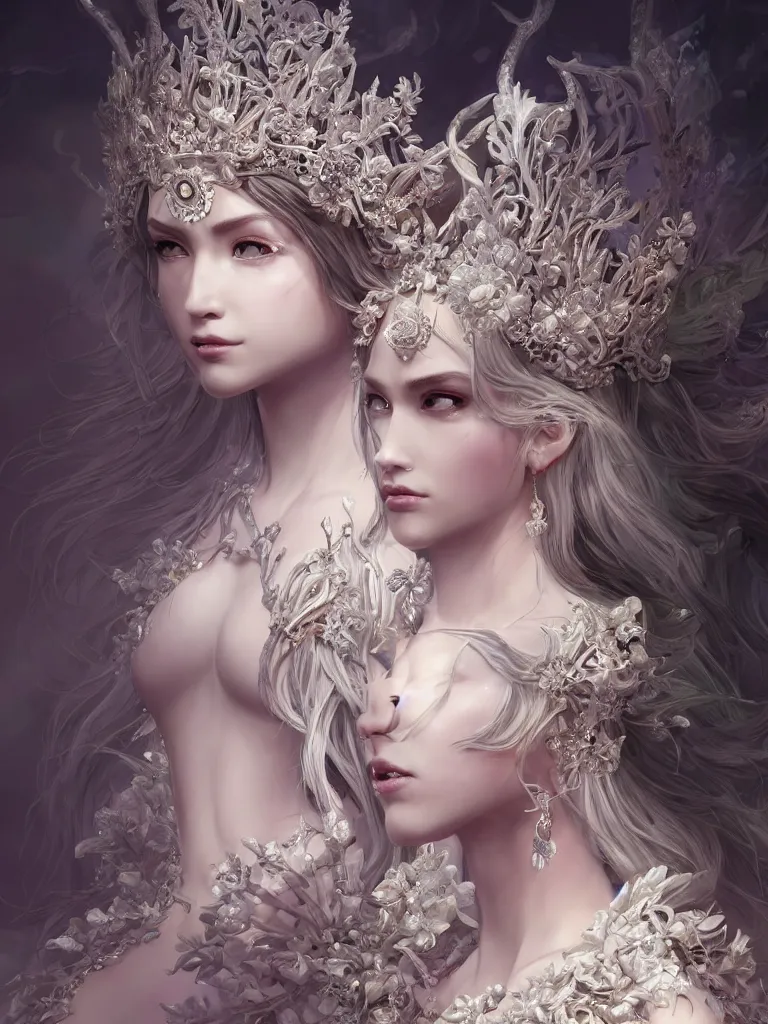 Prompt: A beautiful fantasy empress, highly detailed full body, detailed intricate white flower tiara, wearing aristocrat robe, highly detailed figure, fractal crystal, epic composition, ultra wide-shot, dynamic pose, concept art, beautifully lit, digital painting, smooth, desaturated color theme, character design, sharp focus, elegant, intricate, post processing, artstation, by WLOP, mucha, James Jean, Victo Ngai, ryohei hase