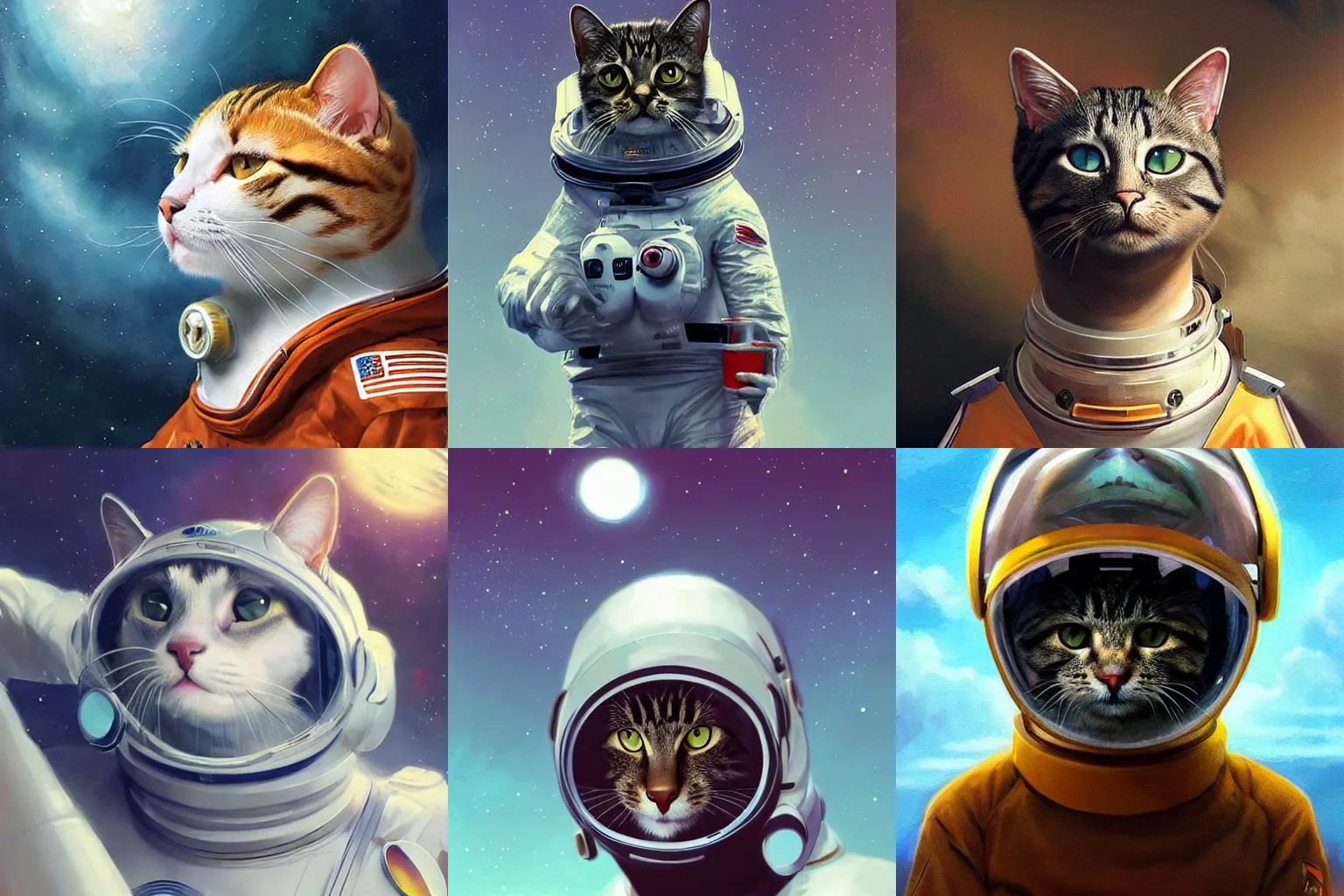 Image similar to head and shoulders masterpiece portrait of a cat wearing a spacesuit, surreal background, digital art by Krenz Cushart, trending on artstation, cgsociety,