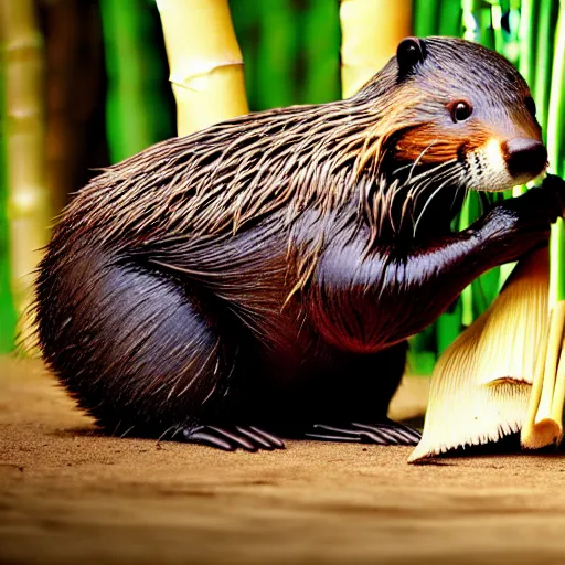 Image similar to wildlife photography of a beaver chewing down a bamboo shoot, f / 1. 8, soft focus, 8 k, national geographic