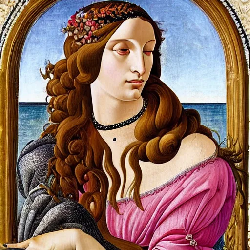 Image similar to an ultradetailed mythological oil painting of a beautiful woman with long brown hair, full body, wearing pink floral chiton, lying on a giant scallop shell, near the seashore, intricate lines, elegant, renaissance style, by sandro botticelli