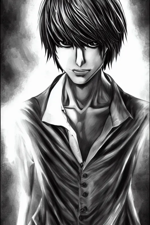 Image similar to light yagami, god of death, highly detailed, digital art, sharp focus, trending on art station, death note