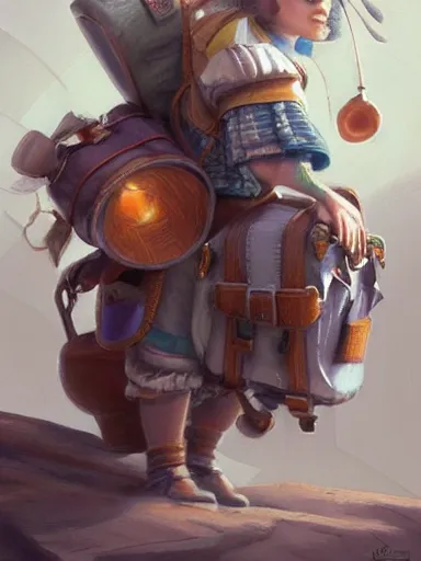 Image similar to a tinker carrying a giant backpack, full of trinkets and hanging stuff. intricate, elegant, highly detailed, digital painting, artstation, concept art, sharp focus, illustration, by justin gerard and artgerm, 8 k