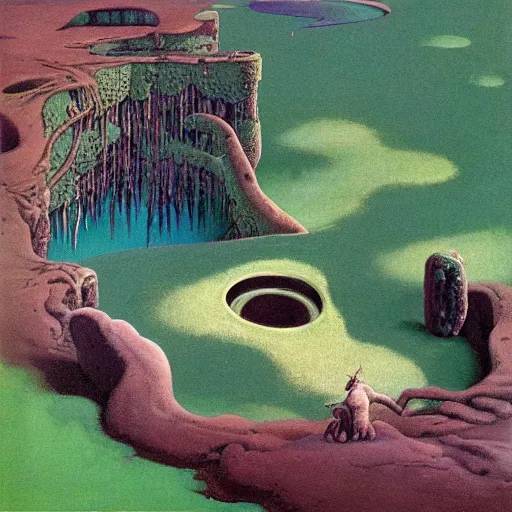 Image similar to a cylindrical pit in the ground, painting by Roger Dean