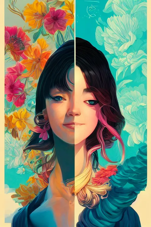 Prompt: a smiling cute girl beautiful skin and wavy hair, tristan eaton, victo ngai, artgerm, rhads, ross draws