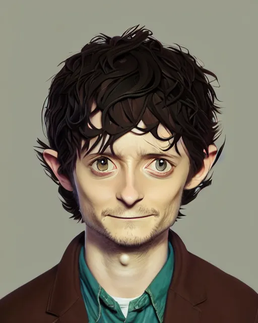 Image similar to portrait Anime joyful happy Elijah Wood playing Hobbit Frodo Baggins; velvet brown jacket, backpack || cute-fine-face, pretty face, realistic shaded Perfect face, fine details. Anime. realistic shaded lighting by Ilya Kuvshinov katsuhiro otomo ghost-in-the-shell, magali villeneuve, artgerm, Jeremy Lipkin and Michael Garmash and Rob Rey