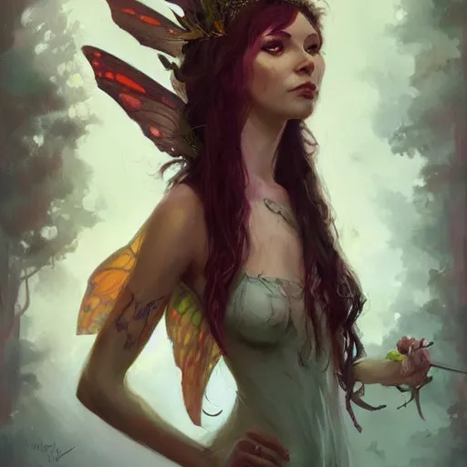 Prompt: Queen of the fae. Fairy people. A fairy Queen. Mandy Jurgens. Phil Hale. Jordan Grimmer. ArtStation.