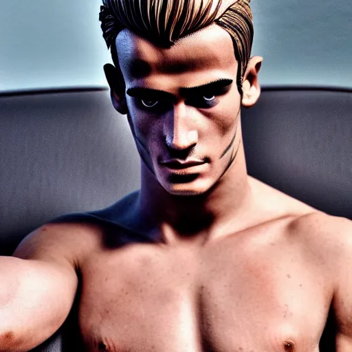Image similar to a realistic detailed photo of a guy who is an attractive humanoid who is half robot and half humanoid, who is a male android, soccer player antoine griezmann, shiny skin, posing like a statue, blank stare, in a living room, on display, showing off his muscles