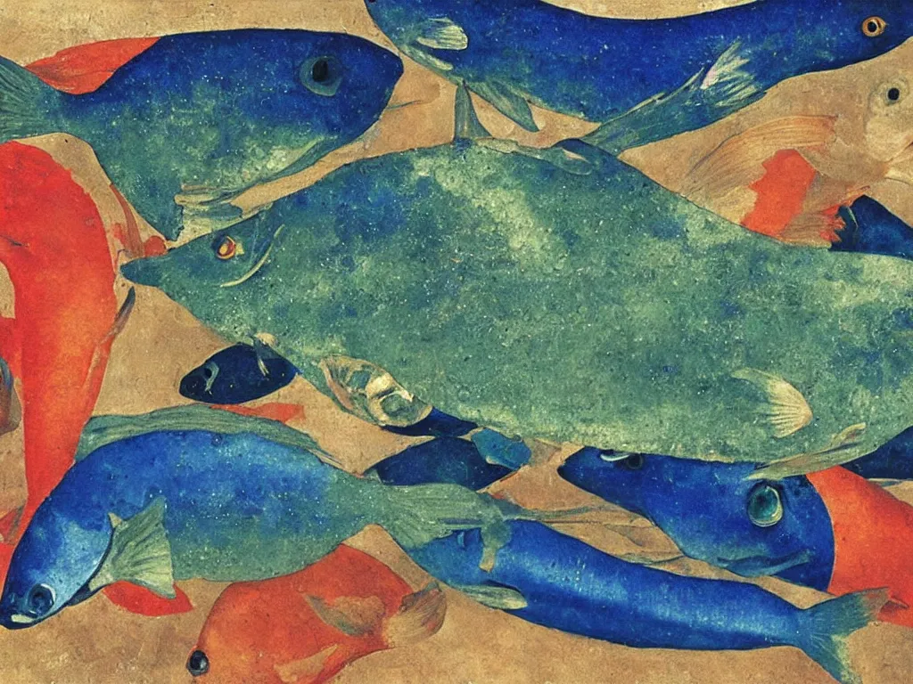 Image similar to close up of exotic, beautiful fish. lapis lazuli, malachite, cinnabar, gold. painting by piero della francesca, balthus, agnes pelton