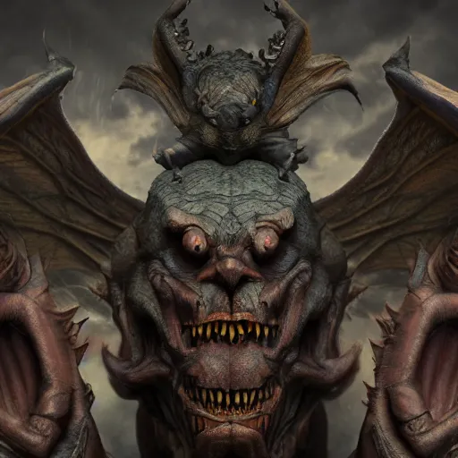 Prompt: epic view of gargoyle demon with multiple faces, epic, dramatic, photo realism, ultra-realistic, cinematic, cinematic lighting, octane render, trending on artstation