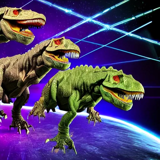 Prompt: three headed cyborg tyrannosaurus rex with lasers.