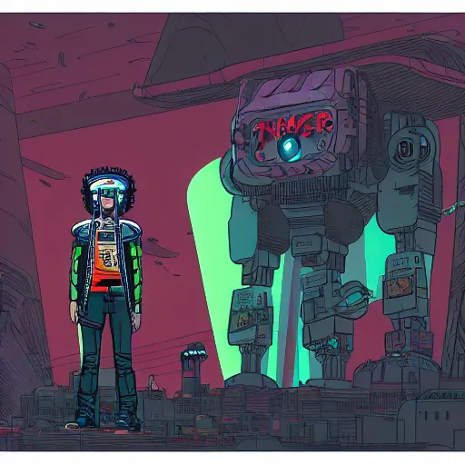 Image similar to in the style of max prentis and deathburger and laurie greasley a young mixed race male explorer wearing a cyberpunk headpiece who is standing on a giant robot head, highly detailed, 8k wallpaper, adventure time colour palette