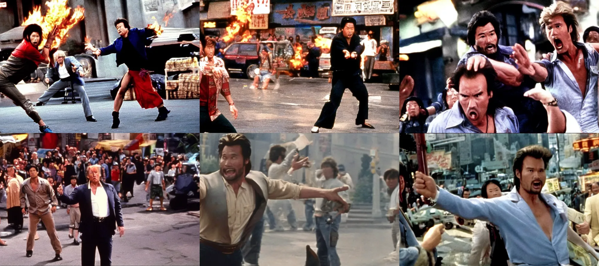 Prompt: action scene of trump in the movie big trouble in little china ( 1 9 8 6 )