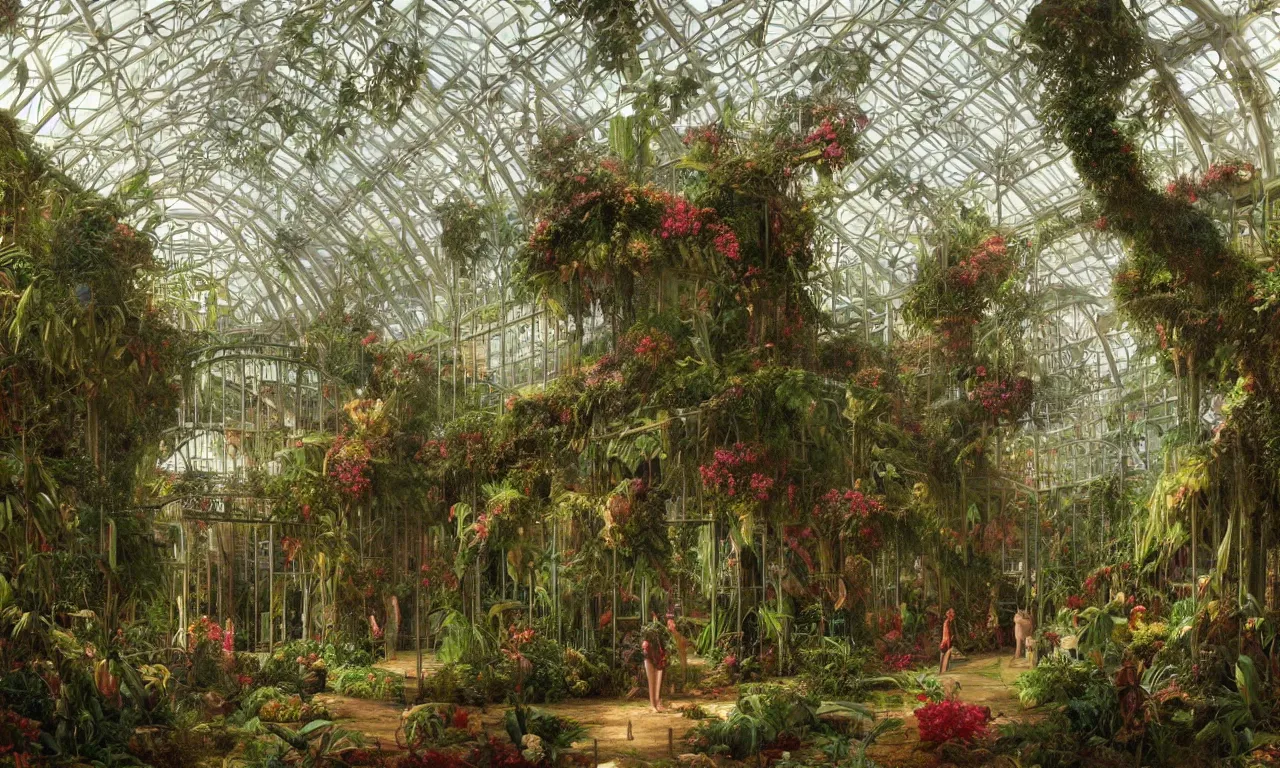 Prompt: Inside an Enormous Victorian Greenhouse with Tropical Trees, Plants and Flowers, art by Alejandro Burdisio and Martin Johnson Heade and Henry Stacy Marks and Federico Pelat, hyperrealism