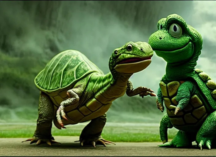 Image similar to film still of yoshi in the new sci - fi movie, cute upright standing upright upright dinosaur standing on its hind legs with a small turtle shell and long tongue, 8 k