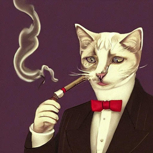 Image similar to cat in suit smoking a pipe, portrait,