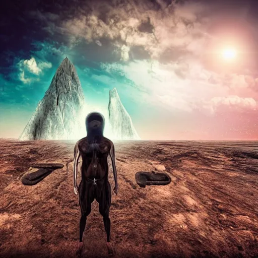 Image similar to symmetric, dark background, apocalyptic sky, sun radiating, monolith with alien runes, surreal geology, human figure, steps