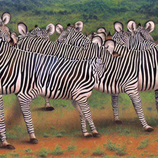 Prompt: polychromatical zebras running in the savanah, view from the sky forming a stampede, oil in canvas