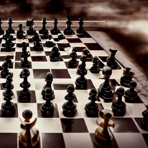 Prompt: a photo of samurai fighting on a giant futuristic chess board. cinematic.