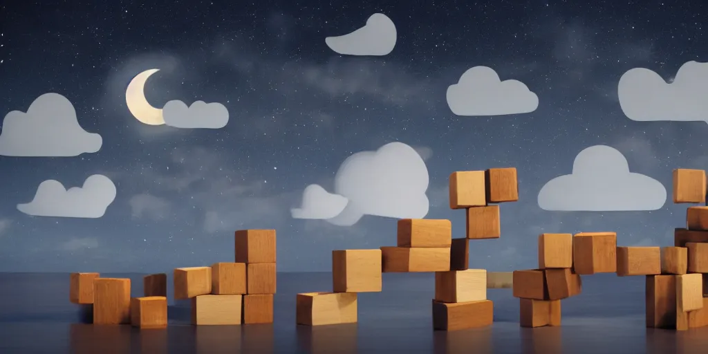 Prompt: Land of randomly placed wooden blocks, night sky, moon lighting, clouds,