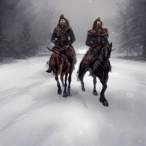 Prompt: Two Nordic warriors wearing fur clothes on horseback riding through snowy landscapes during a snowstorm, fantasy, highly detailed, digital painting, artstation, concept art, illustration, art by Greg Rutkowski and Marc Simonetti