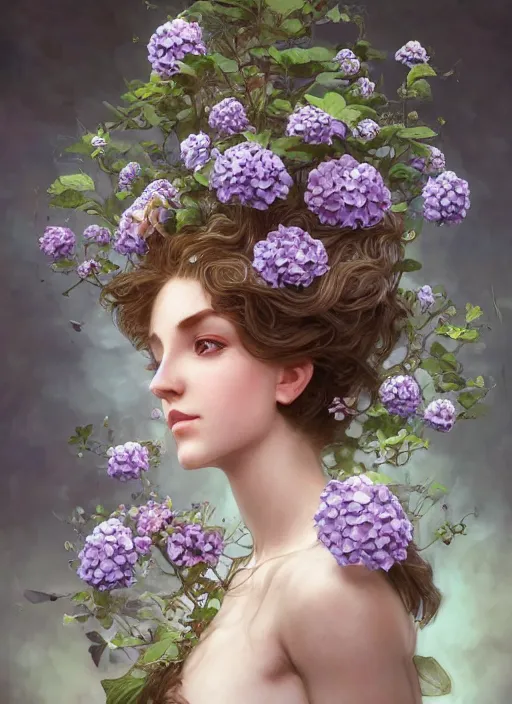 Image similar to realistic photographic perfect portrait of a anthropomorphic hydrangea blossom, fantasy, wind blowing hair, intricate, elegant, highly detailed, digital painting, artstation, concept art, smooth, super sharp focus, illustration, art by artgerm and h r giger and alphonse mucha