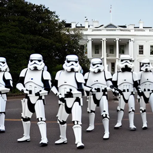 Prompt: Obama leading an Army of Stormtrooper to attack the White house, Obama has a red lightsaber in his right hand, high field of view, 40nm lens, shallow depth of field, split lighting, 4k,