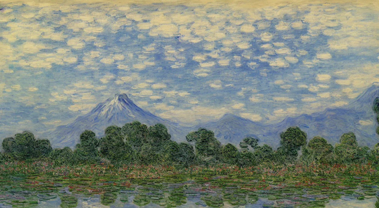 Image similar to a Japanese castle, with a garden as foreground, with mountains as background, by Claude Monet