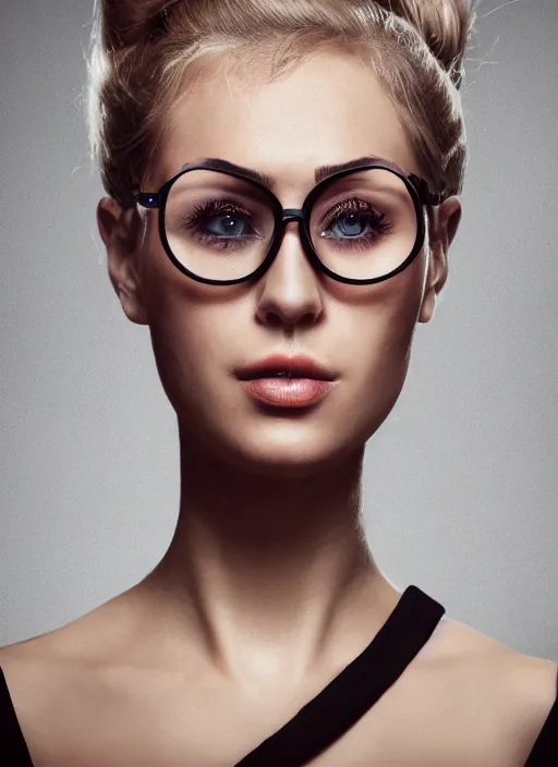 Image similar to a severe french woman with blonde hair tied in a strict bun, spectacles, lots of makeup, rich, character portrait, digital art, high quality, 8 k, detailed, d & d character,