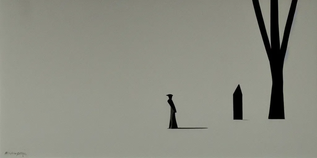 Prompt: a lonely figure in a beautifully stark rendering of poignant minimalism by dan flavin and eyvind earle