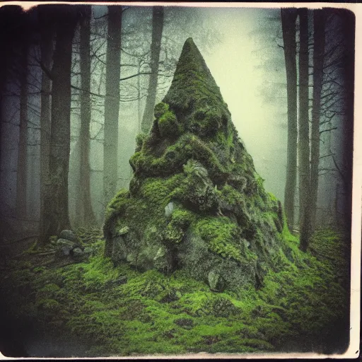 Image similar to a mossy rock pyramid in the middle of a forest clearing at night, dark, foggy, eerie, creepy, unsettling, lost footage, old polaroid, expired film,