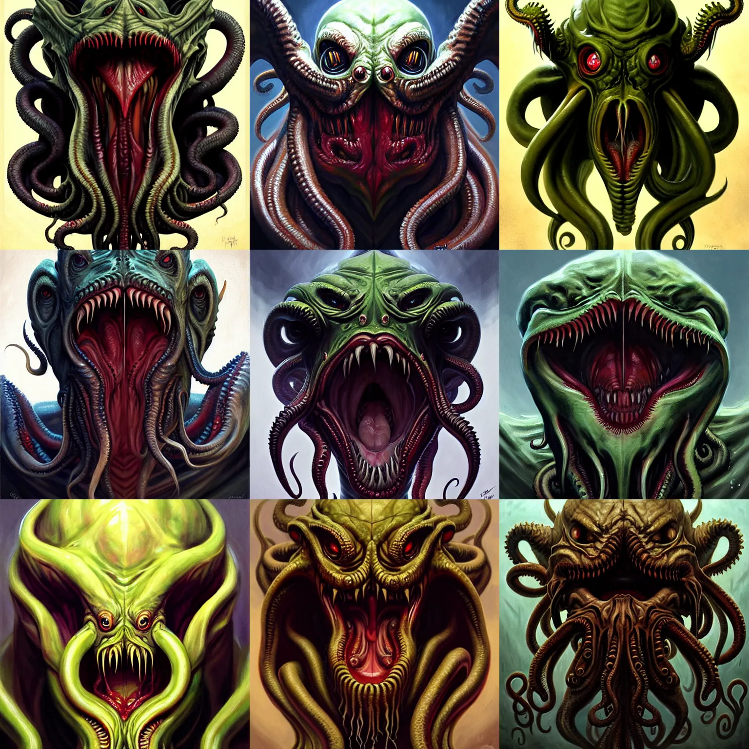 Prompt: Facial portrait cthulhu, looking at the camera, slight evil smile, lips wide parted, mouth wide open, sharp teeth visible, fear inspiring, intimidating, extremely detailed painting by Greg Rutkowski and by Henry Justice Ford and by Steve Henderson