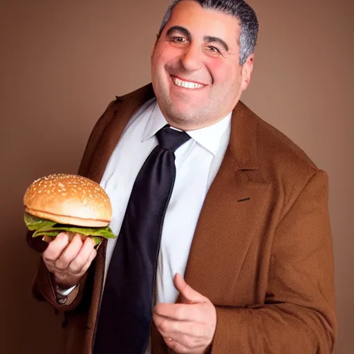 Prompt: clean - shaven smiling white chubby italian american man in his 4 0 s wearing a brown long overcoat and necktie holding a giant burger, 2 0 0 0 avertising promo shot, studio lighting