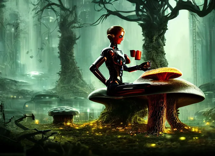 Image similar to photo of an intricate and sophisticated terminator woman with borg enhancements sitting on a giant mushroom in a weird magical forest and drinking a cup of tea. Very detailed 8k. Fantasy cyberpunk horror