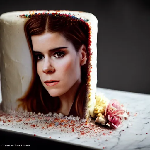 Prompt: of a cake with vanilla frosting which hides the face of kate mara, 4 k, hyperdetailed, photorealism