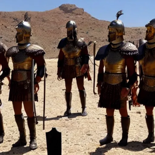 Image similar to joe biden wearing a roman helmet whilest standing infront of a roman army in the desert.